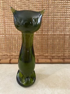 Vintage Viking Art Glass Cat Figure Green 6 3/4  Retro MCM 1960s • $55