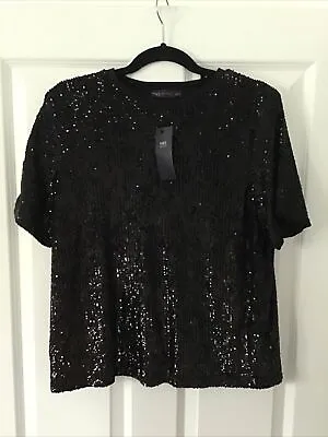 BNWT M&S COLLECTION  BLACK SEQUIN Round Neck Lined  Regular Fit Top - SIZE 14 • £19