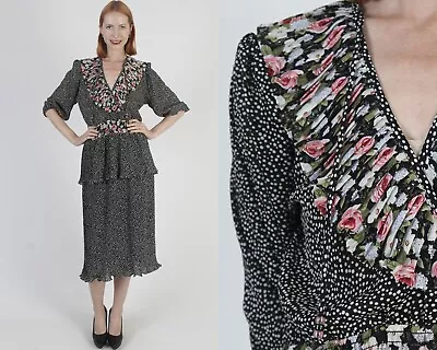Vtg 80s Susan Freis Designer Dress Blk Polka Swiss Dot Georgette Peplum Frock • $68.40
