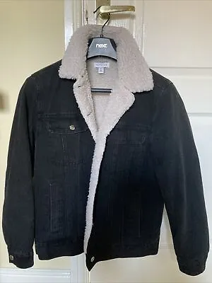 Topshop Black Fur Lined Denim Jacket UK Size 4 • £10
