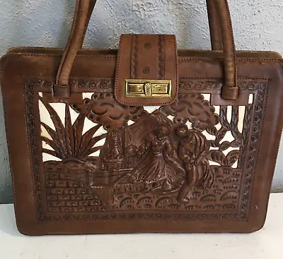 Vtg Mexican Leather Purse Handbag Embossed Hand Tooled Carved Hat Dancers • $28.98