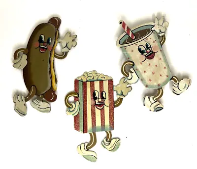 Metal Anthropomorphic Foods Fridge Magnets Dancing Hotdog Popcorn Soda Vintage • $29.99