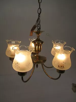 Vtg Murray Feiss Virden Brass Frosted 5 Glass Shade Ceiling Light Chandelier • $101.96