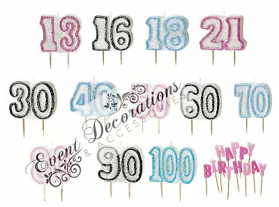 HAPPY BIRTHDAY GLITZ 13-60th CANDLES CAKE PARTY DECORATION3 COLOURS - ALL AGES! • £2.49