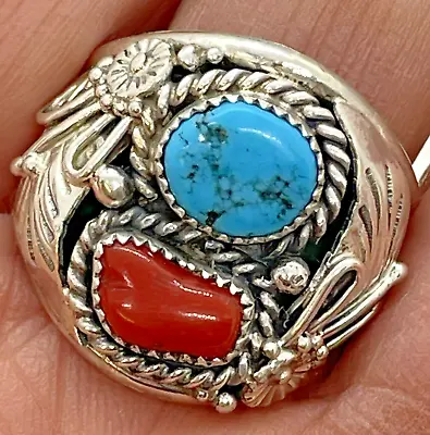 Navajo Men's Nugget Turquoise Red Coral Ring Sz 12 Sterling By L Spencer 9.9g • $123.94