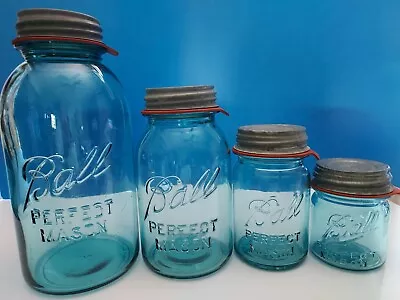 Vintage ORIGINAL BALL Blue PERFECT MASON Set Of 4 Jars Incl. Original 1/2 Pint  • $249