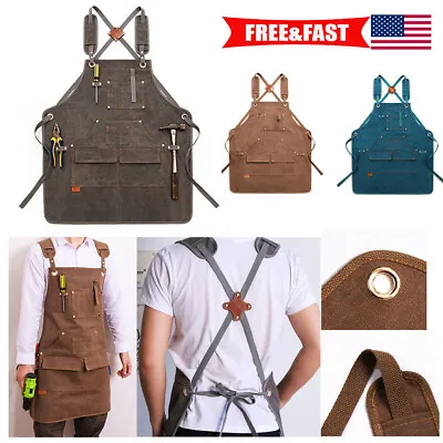 $34.19 • Buy Waxed Canvas Shop Apron Heavy Duty Work Apron Adjustable With Pockets US