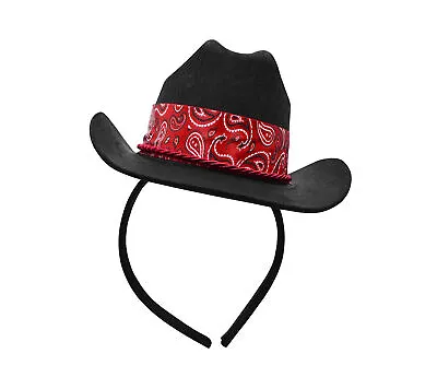 Mini Black Cowboy Hat Headband Red Paisley Bandana Trim Unisex Costume Accessory • $11.55