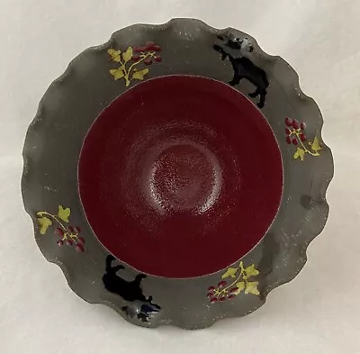 Boot Hill Pottery Signed Bowl Moose Holly Christmas Northwest Woods Dark Red • $17.99