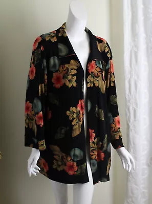 Vikki VI Sz 3X Black Tropical Art-to-Wear Open Shell Floral Jacket Slinky Fiber  • $78