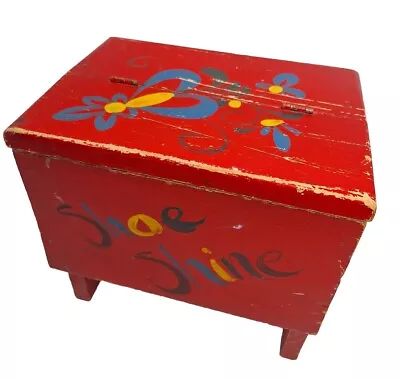 Shoe Shine Box Vintage Folk Art Red With Flowers Hand Painted Wooden • $27.88