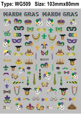 Mardi Gras Comedy Tragedy Mask Beads Fleur De Lis 3D Self-Adhesive Nail Stickers • $2.78