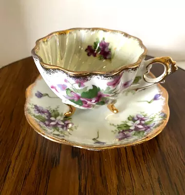 Vintage 3 Footed Napco China Tea Cup And Saucer Violets C-239 Gold Trim • $24.95