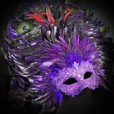 Purple Venetian Carnival Large Feather Masquerade Mask Mardi Gras Party • $38.66