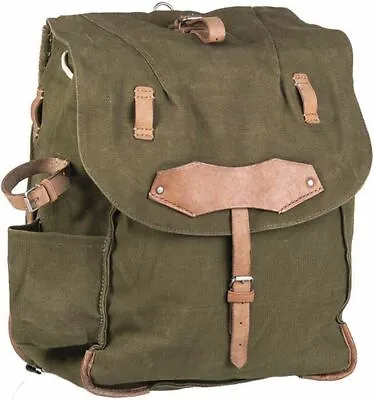 Vintage Romanian Army Canvas Backpack W Leather Shoulder Straps 18  X 13  X 5  • $52.82