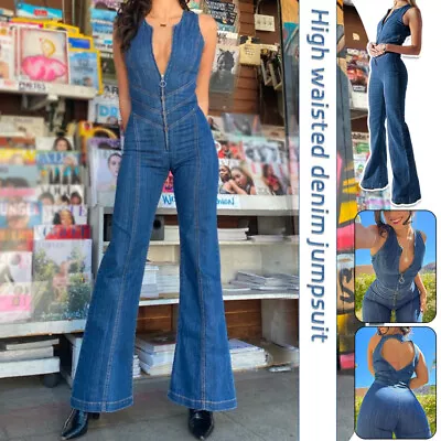 Retro Women Backless Denim Jumpsuit Heart Cutout Sleeveless Bodycon One-Piece • $65.96