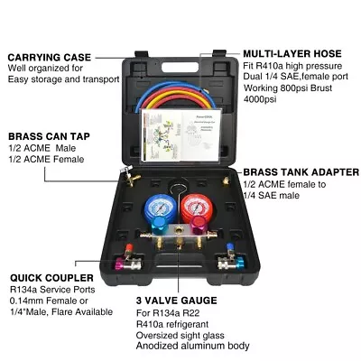 FAVORCOOL CT-136G AC Manifold Gauge Set R410A R134A R22 Refrigerants Charge • $57.89