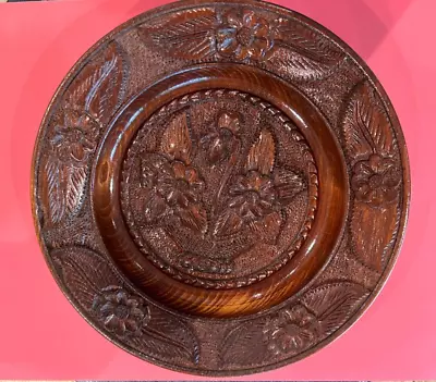 Vintage Hand Carved Wood Plate Wall Hanging Floral Intricate Beautiful RARE • $19.99