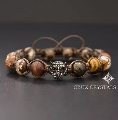 Men's Brown Leopard Agate & Tiger's Eye Shamballa Beaded Bracelet Gemstone Wrap • $45