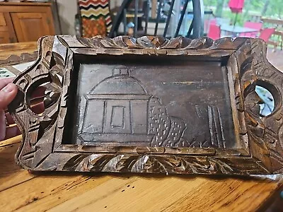 Vintage  Rustic Wooden Hand Carved Serving Tray Glass Top With Handles • $10