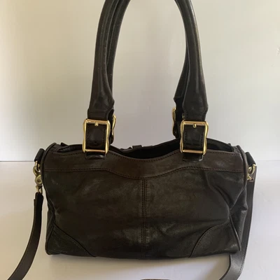 $24.50 • Buy TREESJE Brown Leather Double Handle Purse Handbag Crossbody Brass Buttery Soft