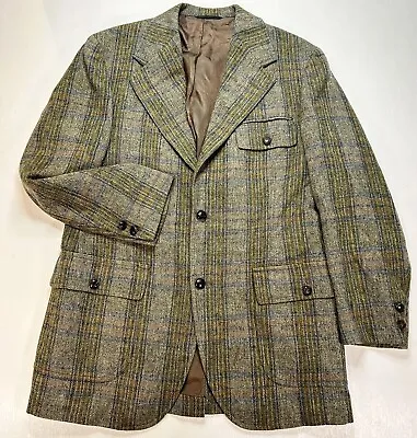 Tweed Blazer Vintage 50s Palm Beach Wool Plaid Green/Blue 3/2 Roll Mens 40S USA • $71.10