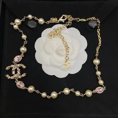 Chanel Pearl Necklace Pink Crystal Diamond Double CC Pendant • $69