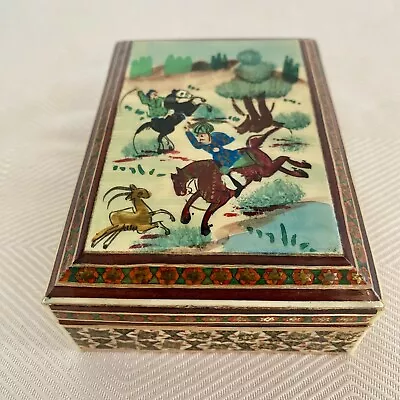 Vintage Persian Khatam Wooden Trinket Box Jewelry Ring Gift Horse & Men Painting • $24.95