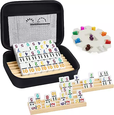 Mexican Train Dominoes Set With Numbers And 4 Wooden Trays/Racks Double 12 Domi • $51.99