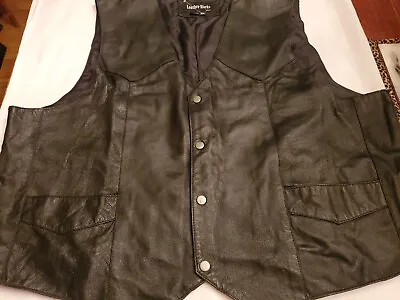 Leather Works Men's Black Leather Sleeveless Snap Button Front Vest Jacket 4XL • $39.95