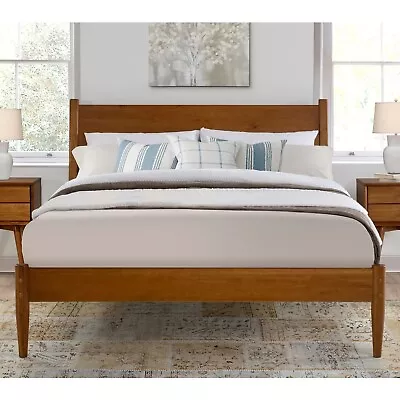 Mid Century Modern Platform Bed Frame W/ Headboard King Size Solid Wood Brown • $599.99