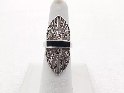 Long Vintage Art Deco Style Marcasite Black Onyx Sterling Silver Ring Sz 7 • $28