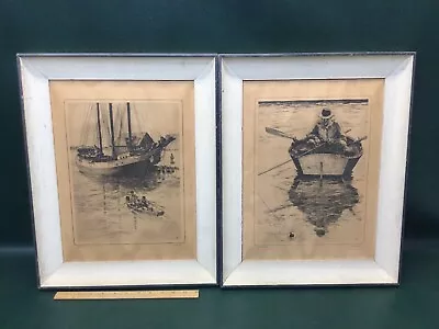 Two Vintage Etchings Art Prints R.H. Palenske Just Fishin' & Out To Sea ~ Framed • $28