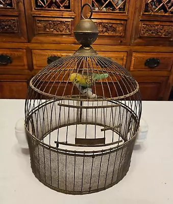 VTG HENDRYX Brass Hanging Small Parrot 10.5  Bird Cage W/Bird & Milk Glass Water • $50