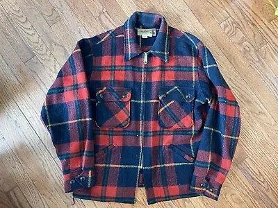 Vintage 1960s Mackinaw Woolens  Red Blue Wool Plaid Buffalo Chore Jacket Shirt • $49.99