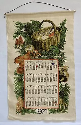 Vintage 1971 Linen Kitchen Tea Dish Calendar Towel - Basket Of Forest Mushrooms • $19