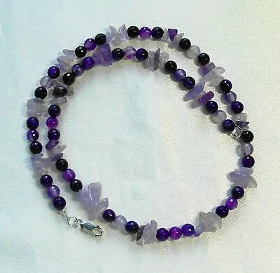 Vintage 925 Sterling Amethyst Gemstone Chip Agate Glass Bead Necklace L18  • $39.99