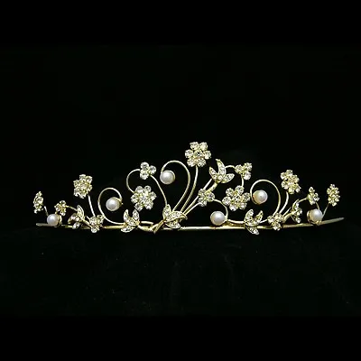 $15.99 • Buy Gold Bridal Flower Rhinestone Crystal Pearl Wedding Crown Tiara 8295