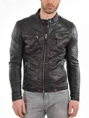 New Leather Jacket Mens Biker Motorcycle Real Leather Coat Slim Fit Black #1221 • $118