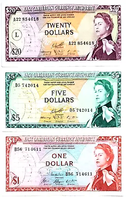 East Caribbean States 3 Set Of 1965 Dollar Banknotes ~ $20 $5 $1 • £209.99