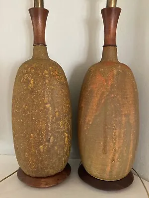 Pair Mid Century Volcanic Lava Glaze Pottery Ceramic Table Lamps Walnut Organic • $325