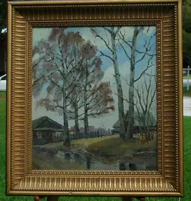 Beautiful Vintage Oil On Canvas Country Scene By Russian Artist In Lovely Frame • $349