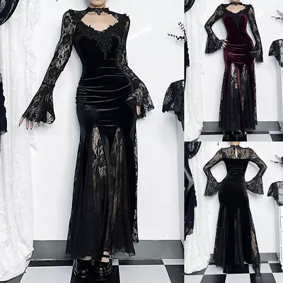 Ladies Velvet Long Sleeve Lace Bodycon Maxi Fishtails Gothic Dress Party Dresses • £25.19