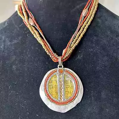 Chicos Multi Beaded Statement Necklace Silver Medallion Orange Silver Brass • $10