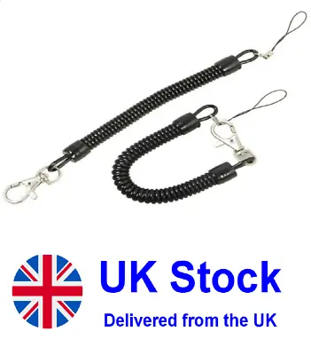 Spiral Key Chain Retractable Clip On Ring Stretchy Coil Spring Keyring Black • £2.79