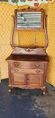 Antique Oak Washstand With Mirror & Towel Bar 67  X 33  X 17  LOCAL PICKUP ONLY • $450