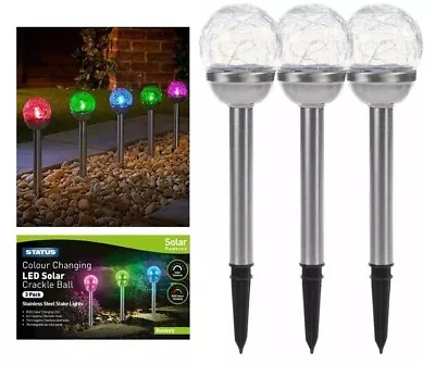 LED Crackle Glass Changing Solar Stake Lights Stainless Steel Garden • £19.95