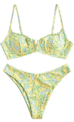 ZAFUL Bikini Wired Padded High Cut Floral Print Yellow UK 8 BNWT • £2.99