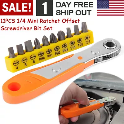 Ratcheting Right Angle Screwdriver Hex Drive 90 Degree Offset + 10pc Bits Set! • $9.99