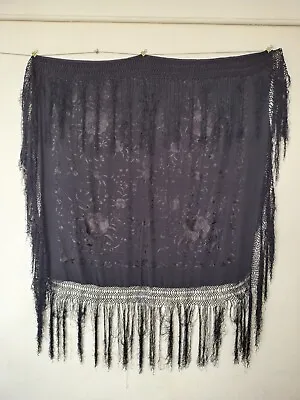 Vintage Silk Shawl Wrap  Piano Scarf  Hand Embroidery FRINGE Black Item577 • $175